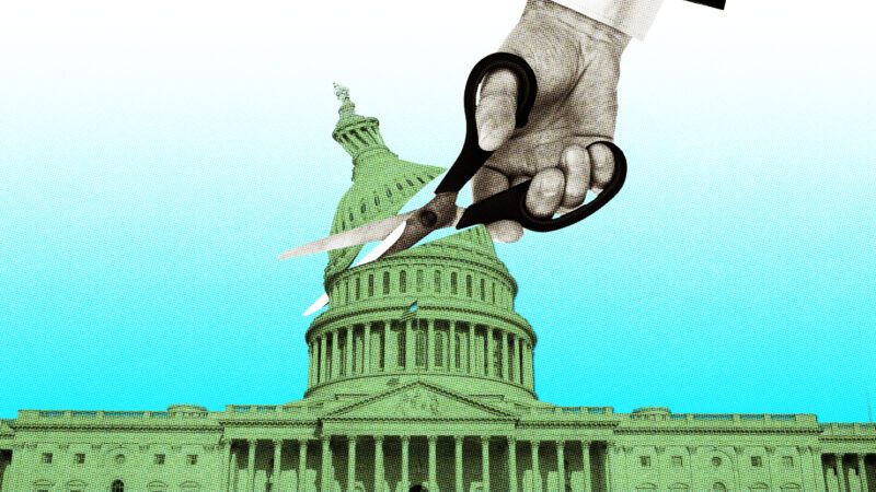 a hand with a pair of scissors cuts the dome of the green tinted U.S. Capitol building off against a blue ombre background