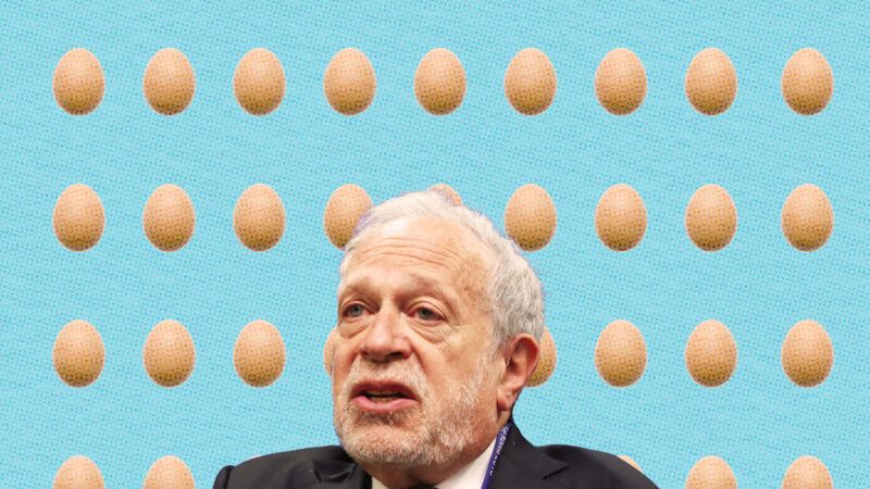 Robert Reich against a blue backdrop featuring rows of eggs.