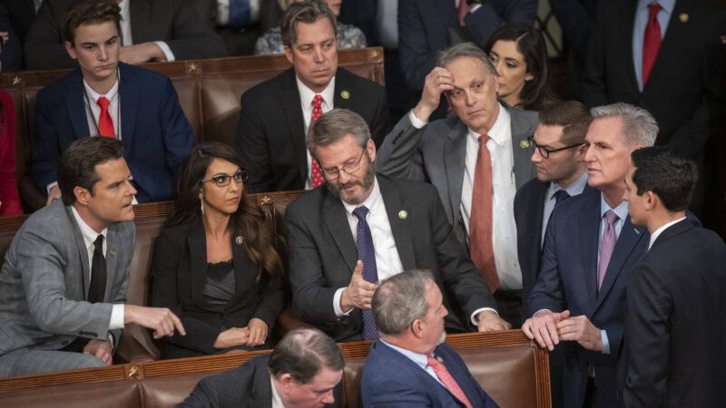 Matt Gaetz, Kevin McCarthy, and a group of Republican congresspeople argue during the campaign for House speaker