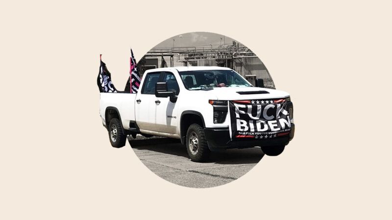 Truck with "fuck Biden" flags | Katie Schwartzmann, Illustration: Lex Villena
