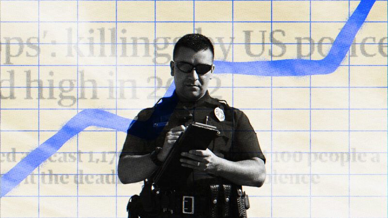 A police officer is seen in front of a chart with a headline in the background discussing police killings in 2022 | Illustration: Lex Villena; Photographer London