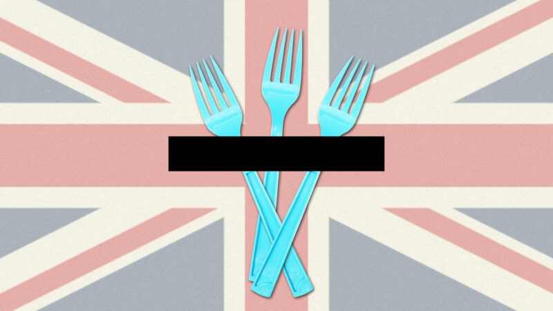 an illustration of plastic cutlery censored over the British flag
