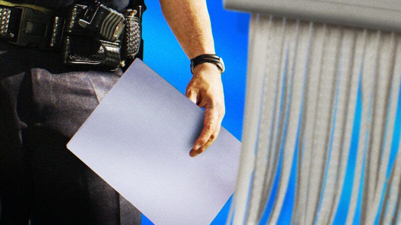 Police shredding documents | Illustration: Lex Villena
