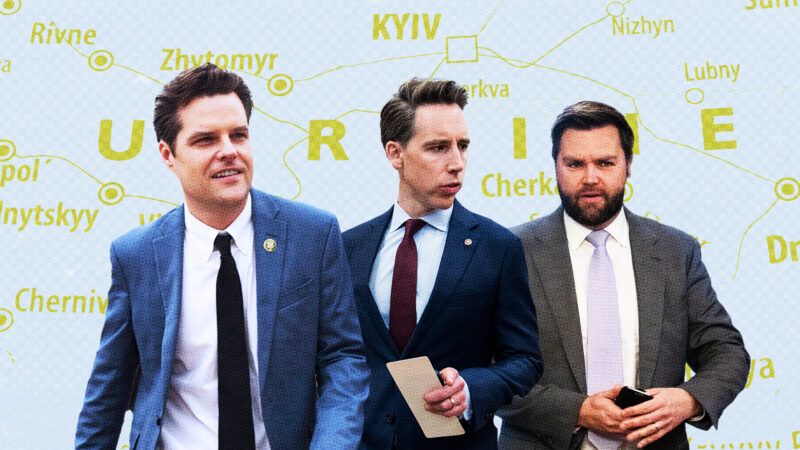 Gaetz, Hawley, and Vance oppose Ukraine aid. | Illustration: Lex Villena; Tom Williams/CQ Roll Call/Newscom, Sue Dorfman