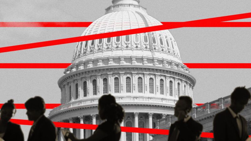 The U.S. Capitol dome traversed by illustrated red tape.