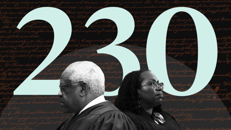Supreme Court Clarence Thomas Ketanji Brown Jackson under the words Section 230 | Illustration: Lex Villena; Jacqueline Martin - Pool via CNP/picture alliance / Consolidated News Photos/Newscom