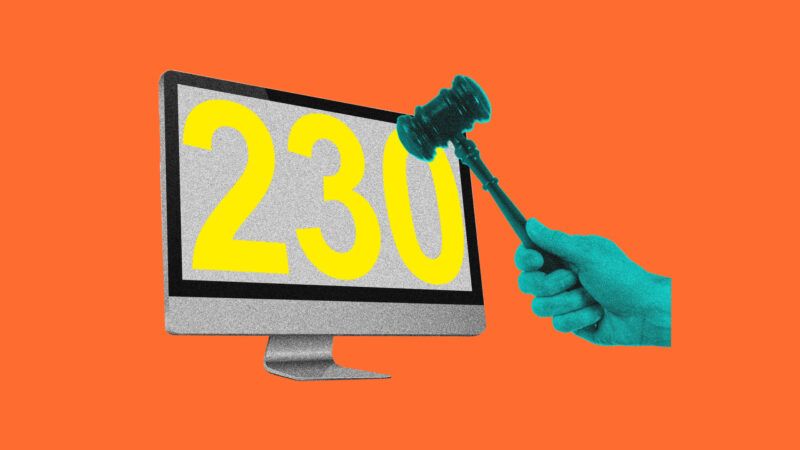 An orange background with a hand holding a gavel and a computer screen that says 230 on it