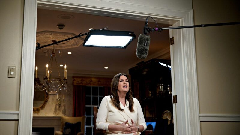 A side view of Arkansas Gov. Sarah Huckabee Sanders giving the State of the Union response.