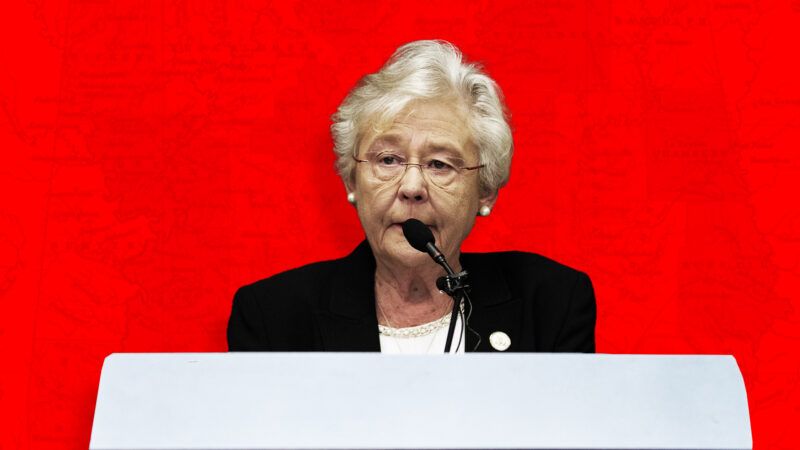 Alabama Governor Kay Ivey with a red background | Illustration: Lex Villena; William Frye/ZUMA Press/Newscom