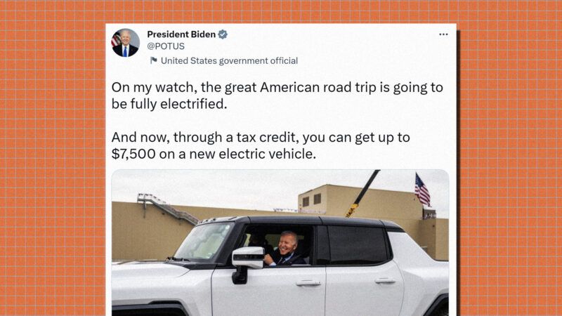 A tweet from President Joe Biden reading "On my watch, the great American road trip is going to be fully electrified. And now, through a tax credit, you can get up to $7,500 on a new electric vehicle," on an orange background. | Illustration: Lex Villena; U.S. Government