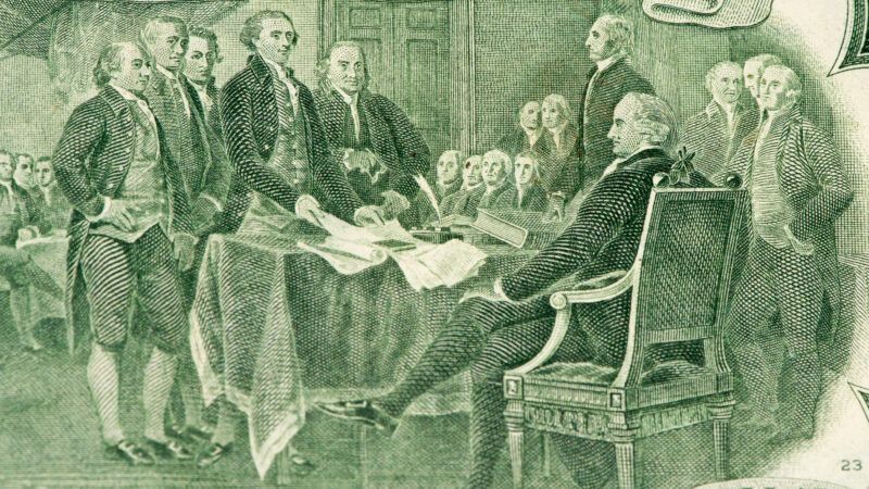 The signing of the Declaration of Independence as depicted on the back of the 2-dollar bill