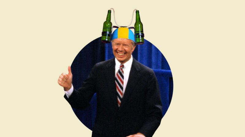 President Jimmy Carter wearing a beer hat on a tan background