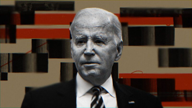 President Joe Biden against a background of redactions and red tape.