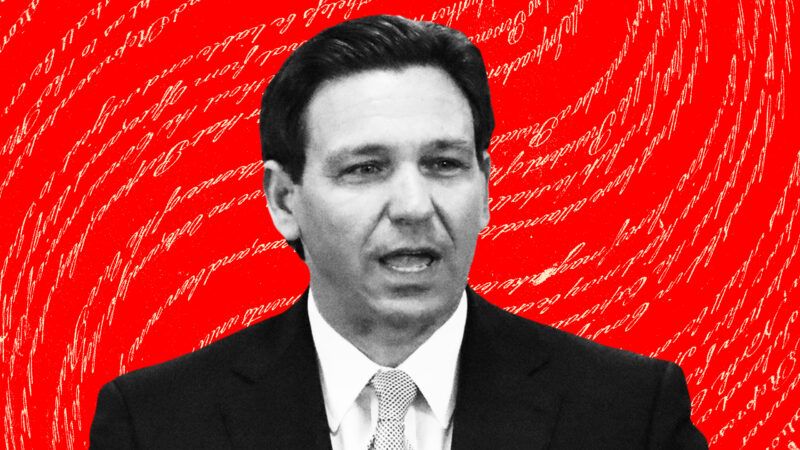 Ron DeSantis on a red background