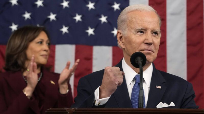 Biden in foreground and Kamala Harris in background during 2023 State of the Union Address