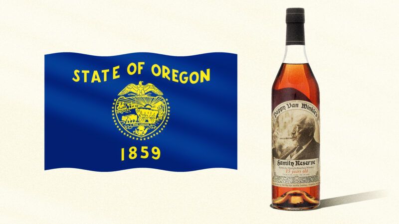 An illustration of the Oregon flag next to a full bottle of Pappy Van Winkle bourbon.