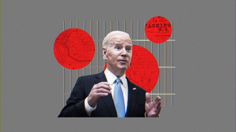 President Joe Biden is seen in front of the bars of a jail cell | Illustration Lex Villena; Tom Williams/CQ Roll Call/Newscom