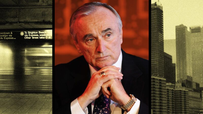 Three paneled shot with the subway on the left, an image of Bill Bratton against a red background in the middle, and skyscrapers on the right