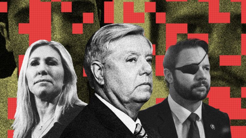 Georgia Rep. Marjorie Taylor Greene, South Carolina Sen. Lindsey Graham, and Texas Rep. Dan Crenshaw, pictured in front of Ovidio Guzman and Nemesio Oseguera Cervantes | Illustration: Lex Villena; Gage Skidmore, Graeme Sloan/Sipa USA/Newscom, Tom Williams/CQ Roll Call/Newscom