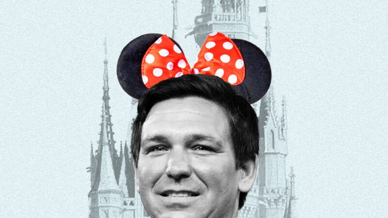 Headshot of Ron DeSantis wearing Minnie ears in front of the Disney castle on a chalky blue background