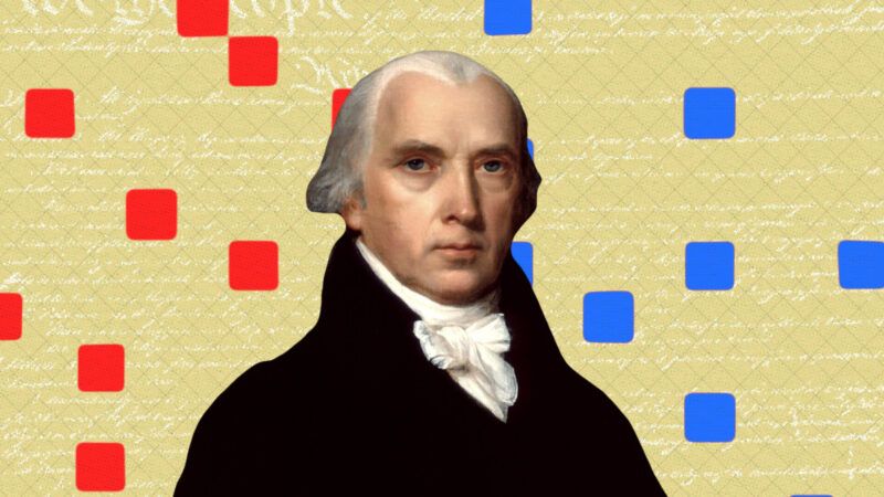 James Madison, on a gold background with scattered red and blue squares.