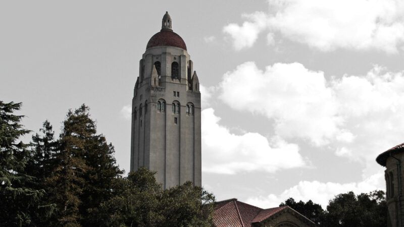 Black and white photo of Stanford university.