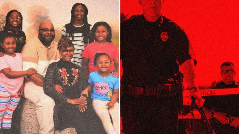Photo of James Williams and his family on the left with a photo of police under red filter on the right