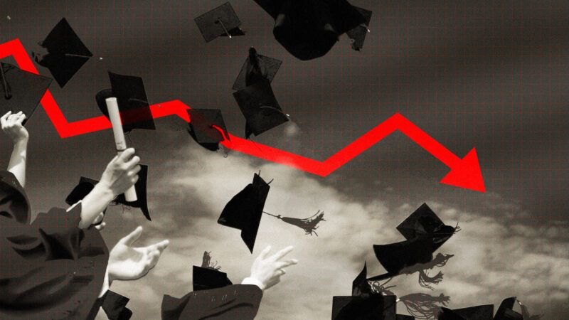 Students throwing graduation caps in the air, next to a declining red arrow.