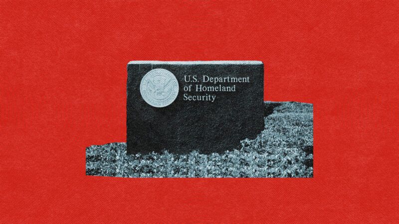 Stylized image of the Department of Homeland Security (DHS) sign against a red background. | Illustration: Lex Villena