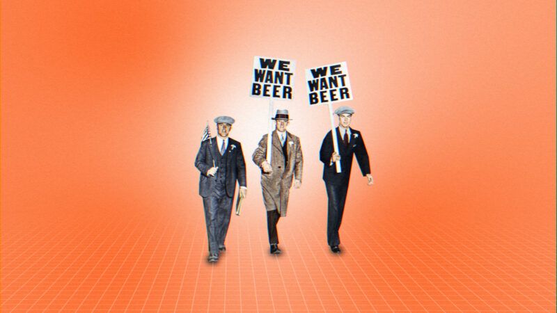 orange background with cartoon of old-fashioned picketers carrying signs saying 'we want beer' | akg-images/Newscom