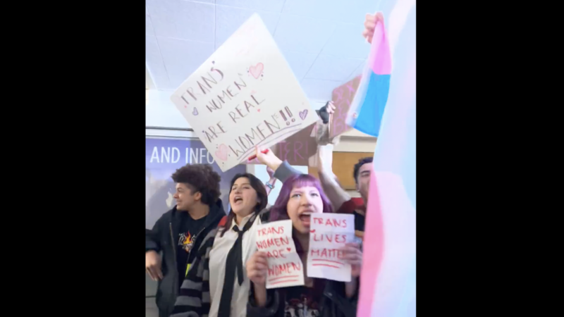 Activist at Riley Gaines event at SFSU. | Screenshot via David Llamas / Twitter