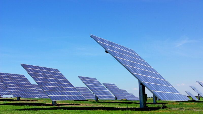 An array of photovoltaic solar panels in a field.