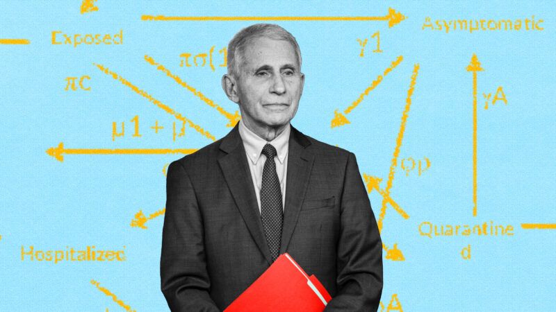 Anthony Fauci on a blue background with yellow arrows