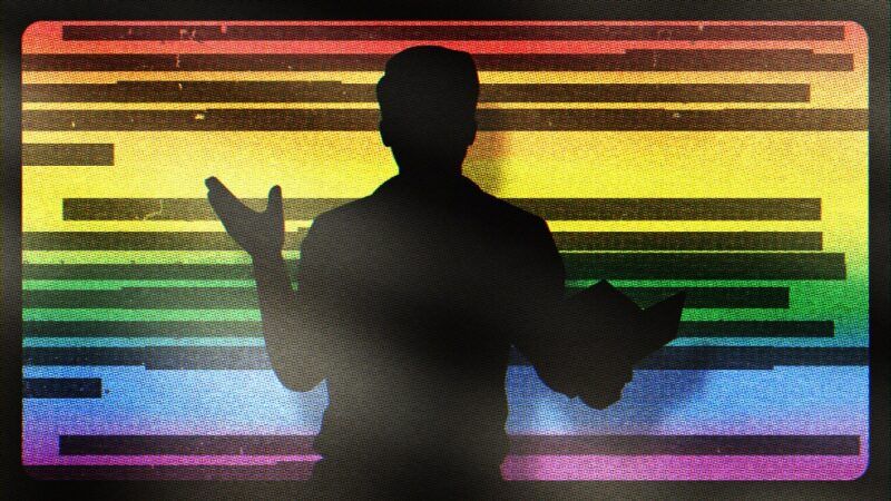 Teacher in profile in front of censored text and rainbow flag