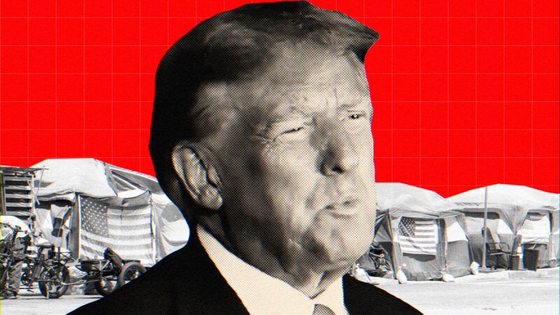 Former President Donald Trump against a background of a homeless encampment. | Illustration: Lex Villena,Msphotographic