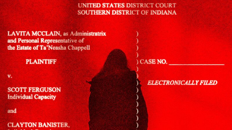 A figure of a woman against a red background that also has outlines of a court document