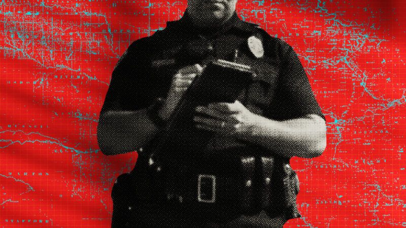 Cop writing ticket against a red background