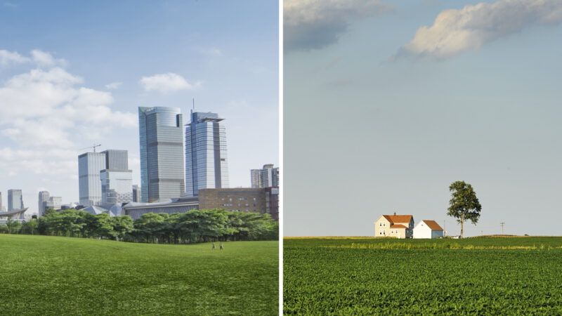 A bisected side-by-side image of an urban city center on one side, and a pastoral farmscape on the other.