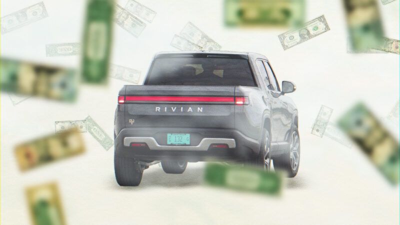 A Rivian R1T pickup truck with dollar bills raining down around it. | Illustration: Lex Villena; Wanda Anthony, Brian Cassella/TNS/Newscom