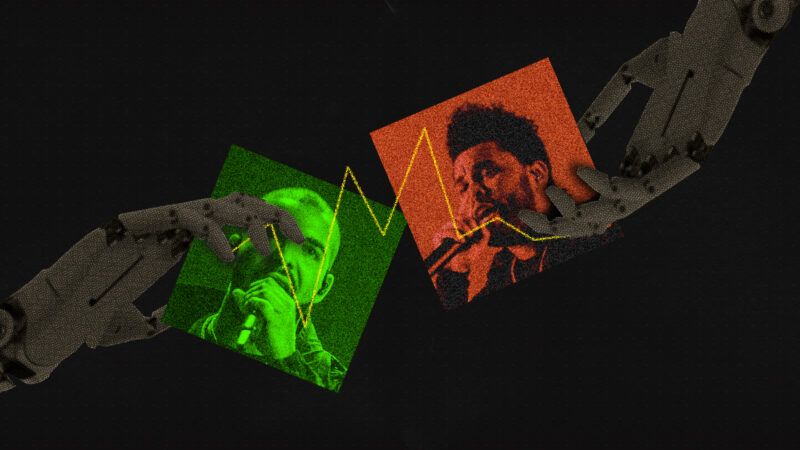 Robotic hands hold pictures of Drake and The Weeknd.