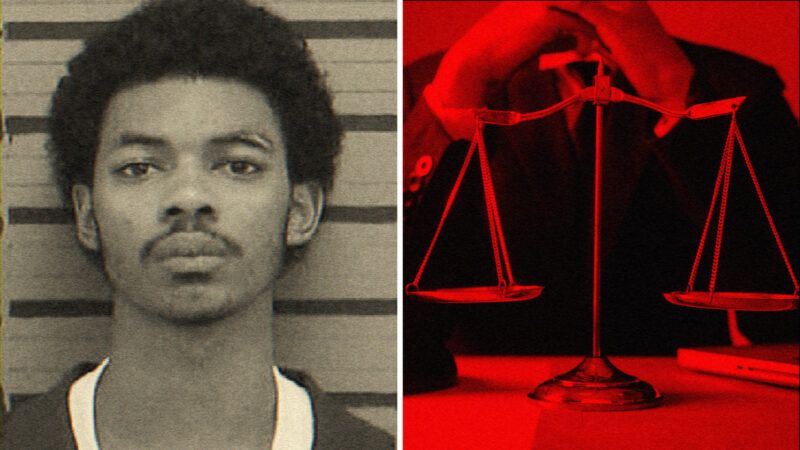 Maurice Jimmerson in black and white on the left and a representation of scales of justice in red tint on the right
