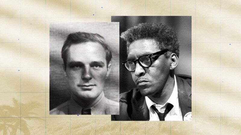 Black and white photos of David Dellinger and Bayard Rustin on a tan and white streaked background