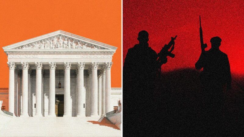 Supreme Court building and terrorists shown in profile