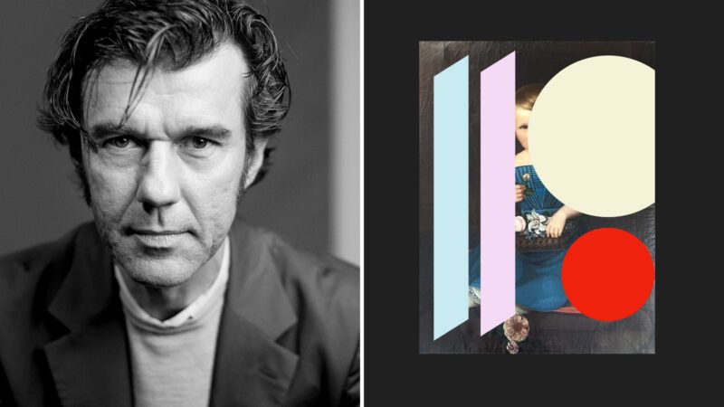 Black and white photo of Stefan Sagmeister on the left with art on the right