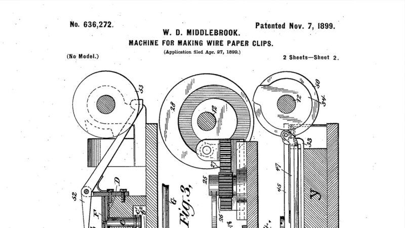A drawing from an 1899 patent on making wire paper clips | Illustration: 1899 patent for a paper clip machine; May 2017 issue of Reason