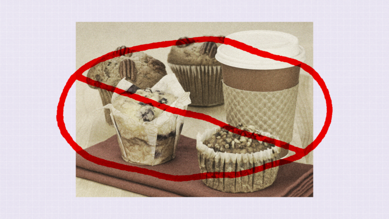 A picture of coffee and muffins with a pale lavender background and a strike through symbol around it