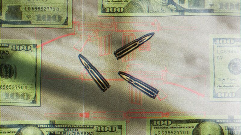 Long-range rifle rounds against the backdrop of U.S. 0-bills and a diagram of a rifle. | Illustration: Lex Villena ;Somchai Somsanitangkul, Gungadin1912