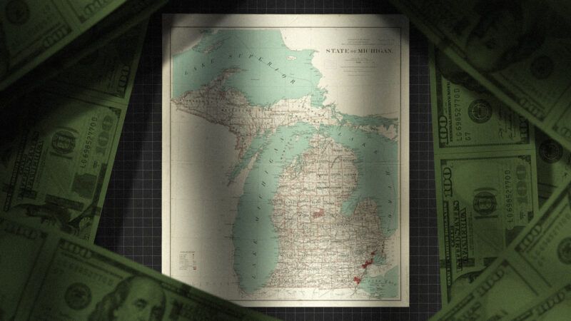 A map of the state of Michigan surrounded by money.