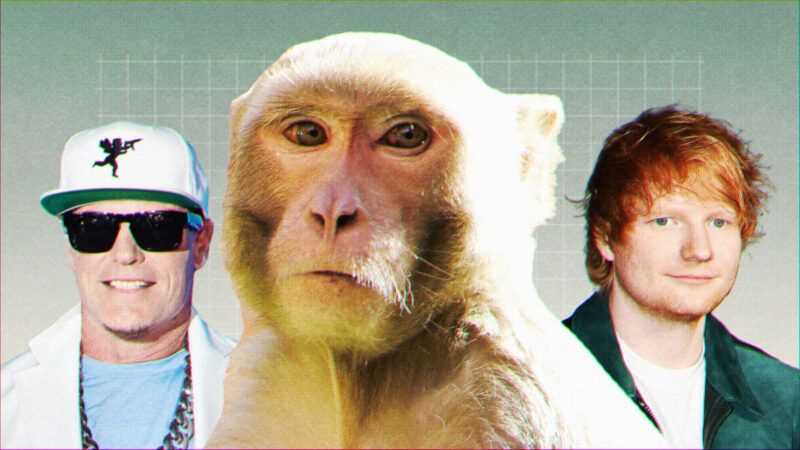 Vanilla Ice, Ed Sheeran, and a monkey on a green ombre grid background