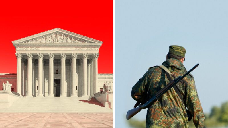 U.S. Supreme Court with a red background on one side, a hunter with a gun slung over his back on the other